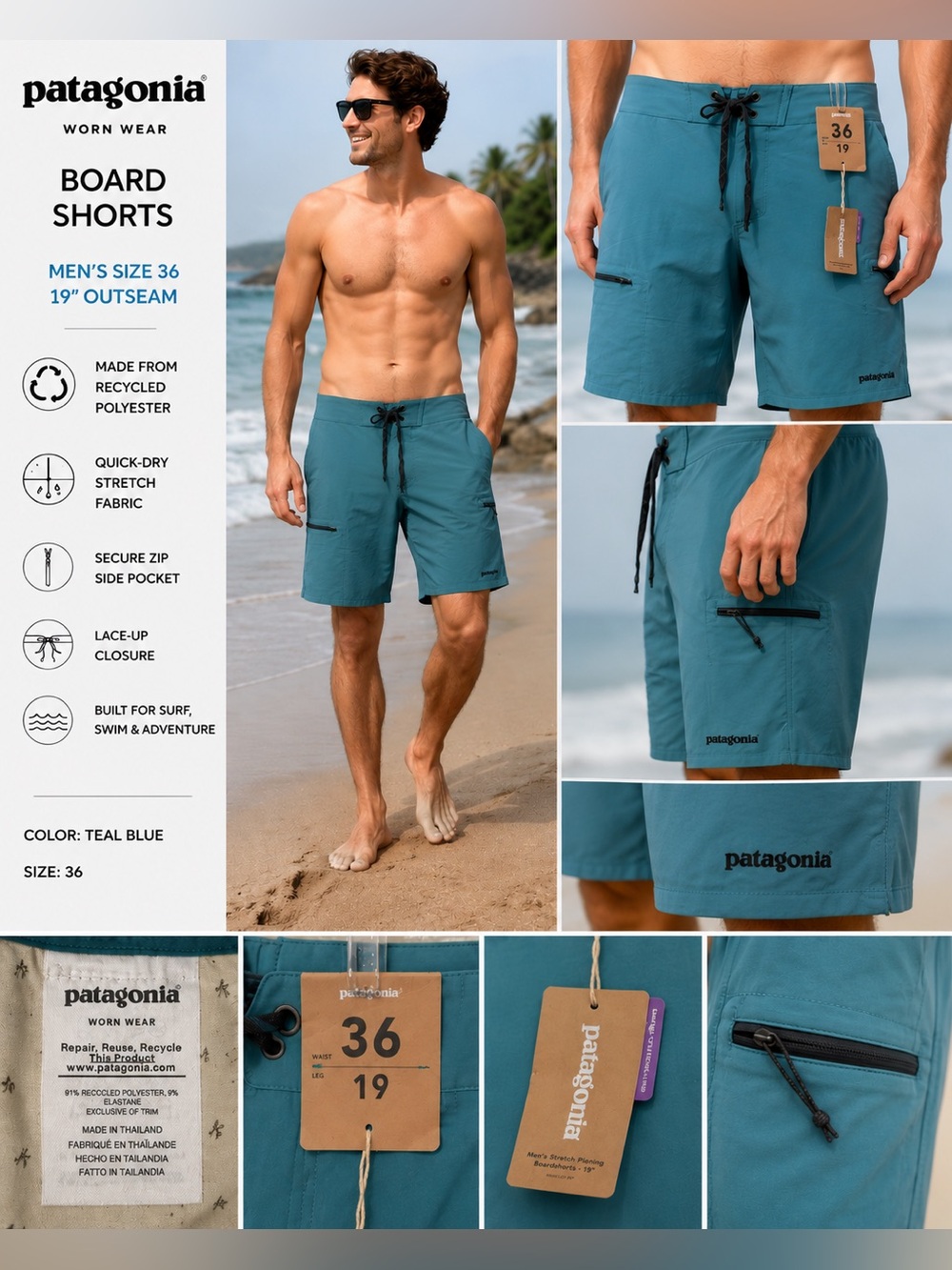 Patagonia Men’s Teal Swim Boardshorts Size 36 Slim Fit
